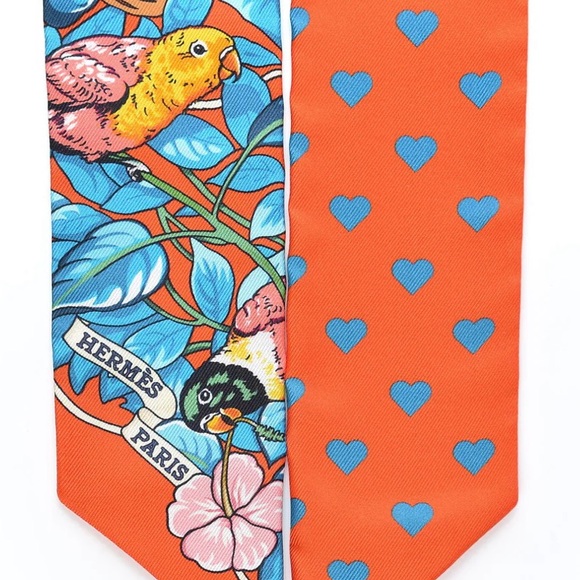 Hermès Silk Jungle Love Love Twilly Orange Bleu Brun Authentic - Picture 4 of 6